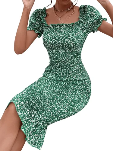 Vista 3 de Floerns Vestido midi ajustado de manga corta con cuello cuadrado y estampado floral para mujer