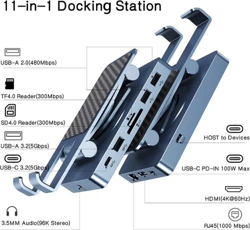 Vista 2 de Estación de acoplamiento USB C giratoria de 360° para iPad Pro, tableta, Samsung, Steam Deck, ROG Ally, Legion Go, Msi Claw, etc., 11 en 1 con Azul