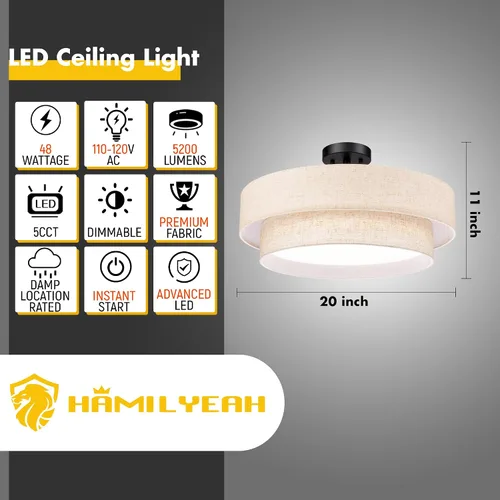 Vista 2 de Hamilyeah Lámpara de techo redonda de montaje semiempotrado de 20 pulgadas, LED de 48 W con pantalla de tela, tambor regulable de doble capa 5CCT 20