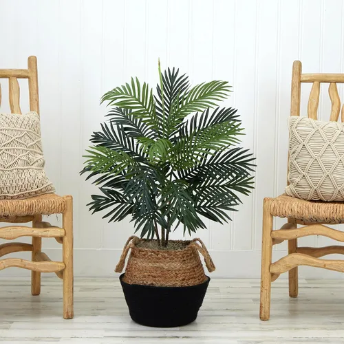 Vista 3 de Nearly Natural Palma areca artificial de 3 pies con yute hecho a mano y cesta de algodón, kit de bricolaje, color verde