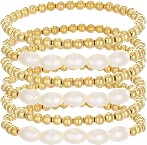 Vista 2 de Fuqimanman2020 Juego de Pulseras Gruesas de Perlas Simuladas Apilables y Elásticas con Bolas Ajustables y Multicapa para Mujer, Joyería de Boda