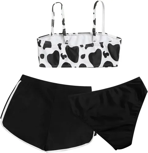 Vista 4 de Traje de baño para niña con estampado de vaca, pantalones cortos de color sólido, traje de baño de verano, 3 piezas, cintura alta (negro, 10 años)