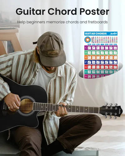 Vista 5 de Moukey Guitarra acústica de 41 pulgadas para principiantes, adultos, adolescentes, tamaño completo, con póster de acordes, bolsa de concierto, Negro