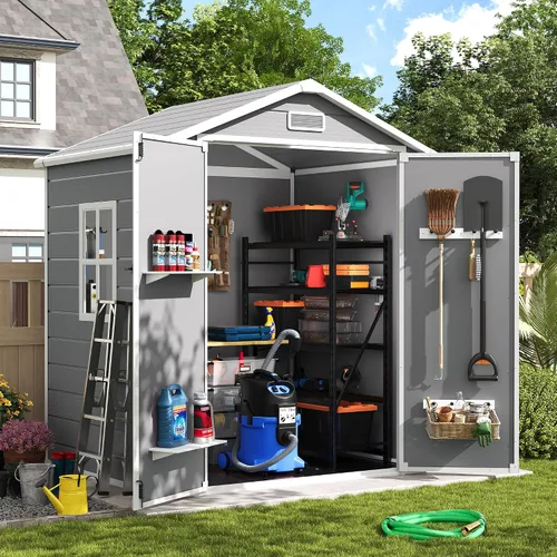 Vista 10 de Amopatio Cobertizo de almacenamiento para exteriores con piso, cobertizo de plástico con cerradura de 5 x 3 pies con ventilación, cobertizos