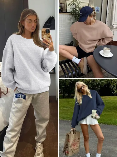 Vista 5 de ATHMILE Sudadera de gran tamaño para mujer, cuello redondo, forro polar, manga larga, sudaderas con capucha, tops de otoño, ropa de moda 2025