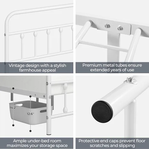 Vista 5 de Yaheetech Marco de cama con plataforma de metal doble, cabecero y estribo Blanco