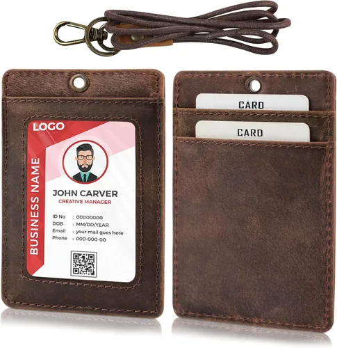 Vista 34 de Boshiho. Funda vertical, de piel, para tarjeta de identificación con cordón resistente., Negro