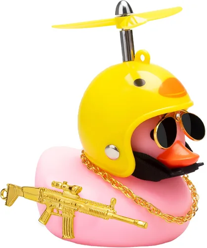 Vista 8 de wonuu Adornos de pato de goma para tablero de automóvil, juego de decoraciones de pato rosa con casco de hélice, lentes de sol, cadena dorada