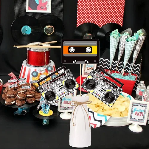Vista 9 de Palos de centro de mesa Boombox de los años 90, decoraciones de fiesta temática de los años 90, 12 piezas de cinta de casete de radio Boombox