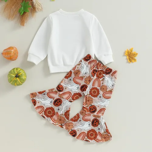 Vista 5 de DuAnyozu Traje de Halloween para bebé niña, camiseta de manga larga, camiseta con letras de calabaza, pantalones de campana, ropa de otoño + diadema