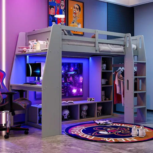 Vista 8 de KLMM Cama loft de madera creativa de tamaño individual con escritorio y estantes de almacenamiento múltiple, LED y un perchero para colgar ropa