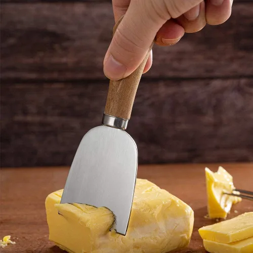Vista 4 de Juego de cuchillos de queso de 4 piezas con asas de madera, cuchillos de queso de acero inoxidable, esparcidores de queso, cuchillo de mantequilla