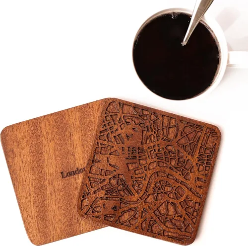 Vista 3 de O3 Design Studio - Posavasos con mapa de Londres, juego de 4, posavasos de madera Sapele con mapa de la ciudad, hecho a mano