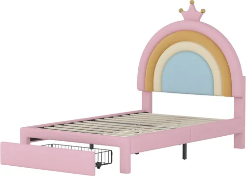 Vista 5 de Cama tapizada con diseño de arcoíris, cama de plataforma de princesa de terciopelo con cajón de almacenamiento, para niños, adolescentes, niños