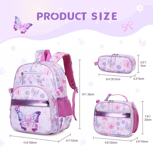Vista 2 de Mochila para niños de 5 a 8 años, Mariposa, 15 pulgadas, Lindo