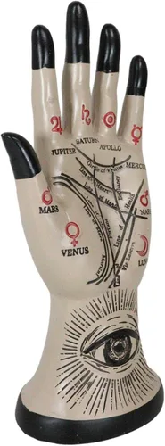 Vista 6 de Ebros Gift Antigua adivinista psíquica mística quirología quirología palmistry mano palma con líneas y símbolos Ojo de la Providencia Figurilla