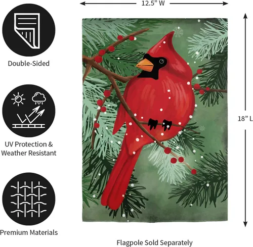 Vista 2 de Evergreen Flag Bandera de Jardín con Aplique de Cardenal en Pinos 12 x 18 Pulgadas Bandera de Jardín Navideña de Doble Cara para Exteriores