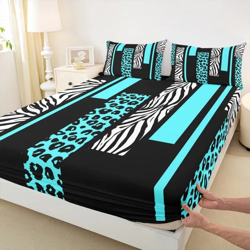 Vista 28 de Sábana bajera ajustable con estampado de leopardo, tamaño individual, juego de ropa de cama rústica con rayas de piel de cebra, decoración
