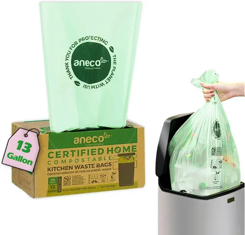 Vista 7 de ANECO Bolsas de basura 100% compostables para el hogar (bolsas de basura de 1.6 galones, 50 unidades), pequeñas bolsas de compost de cocina