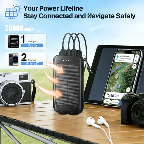 Vista 4 de Banco de energía solar de 20000 mAh, cargador portátil negro con salidas USB-C y USB-A, batería de reserva de emergencia, linterna LED, para iPhone