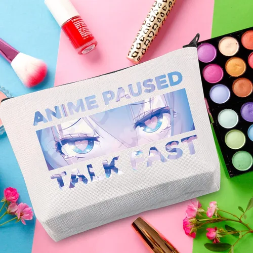 Vista 5 de WZMPA Bolsa de maquillaje para fanáticos del anime, regalo de anime para cosplay, anime, habla en pausa, bolsa de maquillaje rápida con cremallera