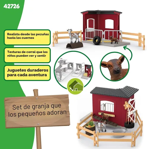 Vista 2 de Schleich Farm World – Juego de 31 piezas de establo de cabras con 2 figuras de cabras y accesorios – Juguetes de animales de granja para niños