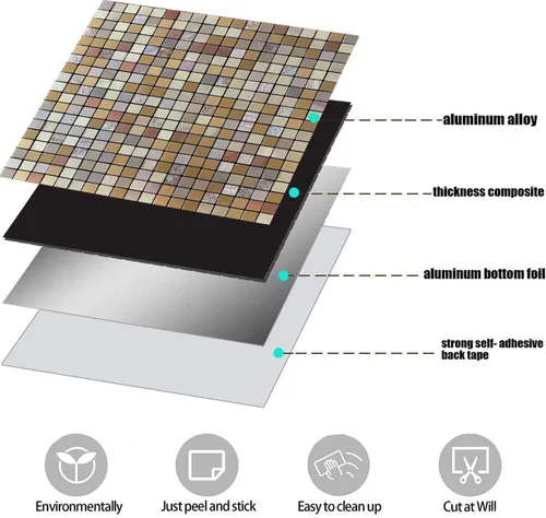 Vista 6 de 10 hojas de azulejos de salpicaduras para despegar y pegar, paneles de pared autoadhesivos de aluminio 3D, calcomanías de mosaico metálico