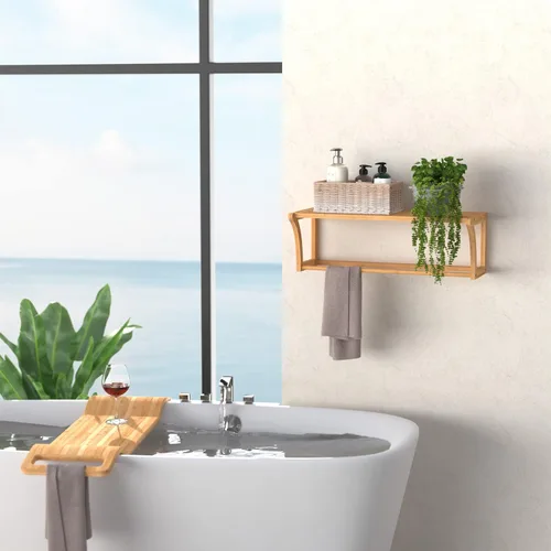 Vista 2 de ClosetMaid Estante de pared de bambú con toallero, estantes de almacenamiento de montaje en pared, estante organizador, acabado natural
