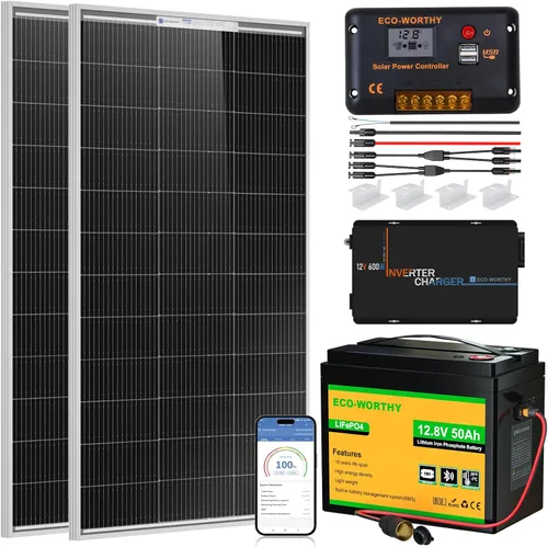 Vista 9 de ECO-WORTHY Kit completo de iniciación de panel solar de 200 vatios y 12 V para RV fuera de la red con batería e inversor: 2 paneles solares de 100 W