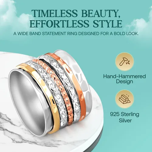 Vista 5 de Boho-Magic Anillo giratorio de plata de ley 925 para mujer con bandas de cobre y latón, anillo de plata hecho a mano para uso diario, comodidad