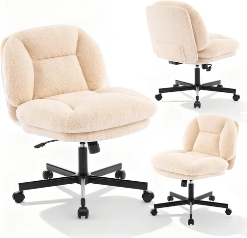Vista 8 de Silla cruzada gruesa, acolchada, ergonómica, con patas cruzadas, con ruedas, silla giratoria sin brazos, altura ajustable para computadora