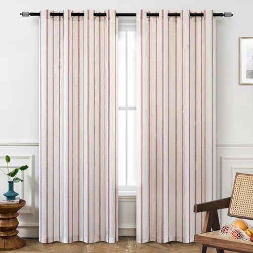 Vista 2 de DriftAway Cortinas opacas de mezcla de lino de 96 pulgadas de largo para dormitorio, cortinas de lino con estampado de rayas verticales
