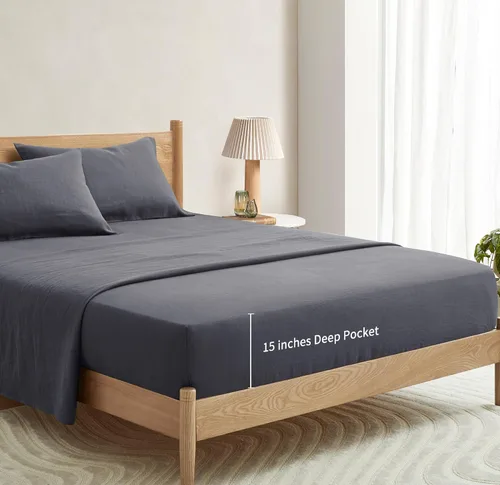Vista 5 de ATLINIA Funda de colchón 100 % lino, 1 pieza lavada a la piedra con bolsillo profundo de 15 pulgadas hecha de lino puro francés, ropa de cama Gris