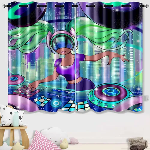 Vista 8 de Cortinas negras para dormitorio, decoración de habitación, cortinas opacas para ventana, juego de 2 paneles con estampado de niña africana morada