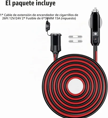 Vista 7 de Cable de extensión de encendedor de cigarrillos resistente de 12V/24V 16AWG de 4.9 pies, adaptador de cable de extensión de enchufe macho a hembra