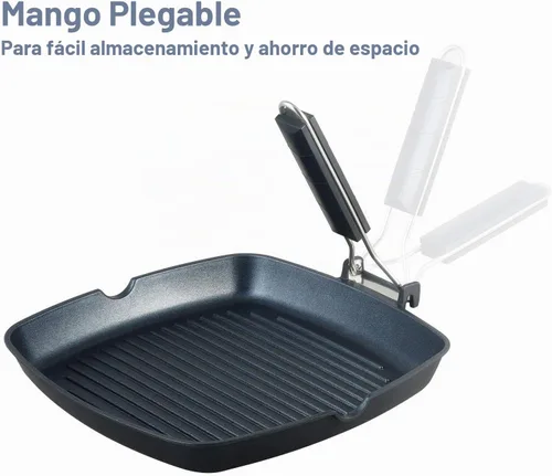 Vista 5 de S·KITCHN Sartén para parrilla con mango plegable, sartén antiadherente para estufas, sartén cuadrada compatible con inducción con boquillas