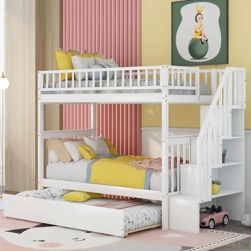 Vista 9 de Literas para niños con escalera, literas de madera maciza con barandilla completa