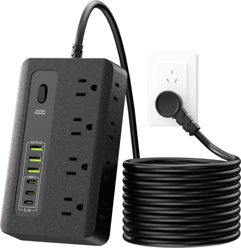 Vista 2 de HITRENDS - Regleta de alimentación con USB, cable de extensión de enchufe plano de 6 pies con 8 tomas, 3 puertos USB y 3 puertos tipo C (5V/3A)
