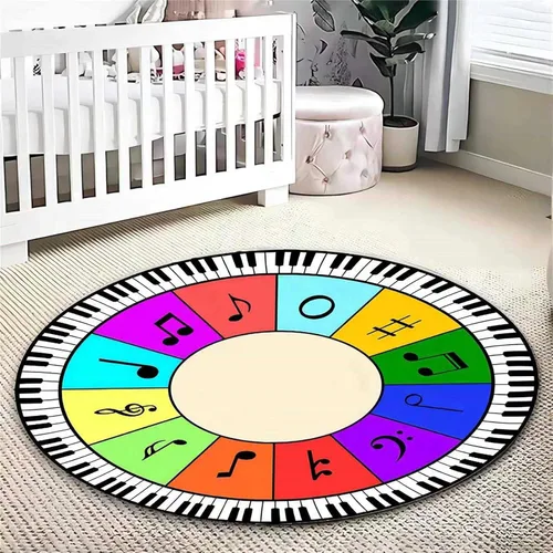Vista 2 de Alfombra redonda de arco iris de 3 pies, piano, notas musicales coloridas, tapete para niños y niñas, alfombra antideslizante para dormitorio