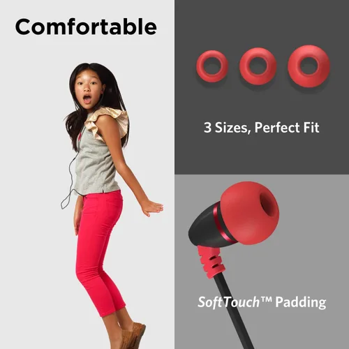Vista 2 de LilGadgets BestBuds - audífonos que se introducen en el oído, con volumen limitado, con micrófono, para niños (con funda para guardar), Negro/Rojo