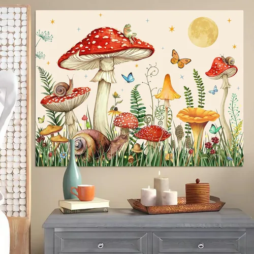 Vista 6 de Zussun Tapiz de hongo rojo, tapices de luna y estrella para dormitorio, estética de color beige, noche estrellada, planta verde, tapiz de pared