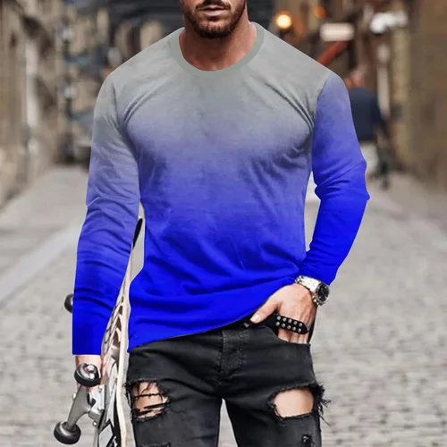 Vista 2 de Camisas para hombre, estilo casual, elegante, manga larga, color degradado, cuello redondo, sudaderas grandes y altas para entrenamiento de gimnasio