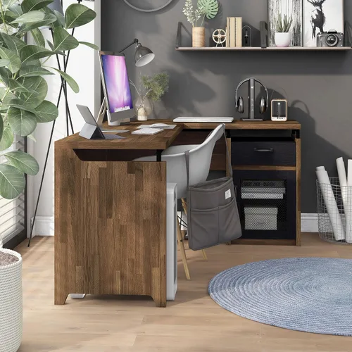 Vista 4 de 24/7 Shop at Home Deandre Farmhouse - Escritorio de computadora de madera en forma de L con 1 cajón con estante ajustable, puerta de gabinete