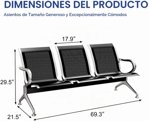 Vista 3 de KINTNESS Silla de recepción de espera - Bancos de sala de espera, silla de oficina, sillas de sala de espera resistentes con brazos de 3 asientos