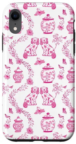 Vista 25 de Preppy - Carcasa para iPhone 16, diseño de perros y tarros de jengibre, color rosa y blanco