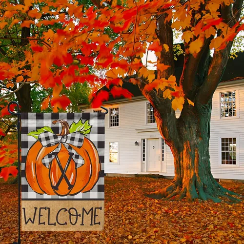 Vista 2 de PAMBO CFA72-1X - Bandera de jardín de calabaza con monograma, bandera de otoño de 12 x 18 pulgadas, doble cara para apellido familiar, inicial