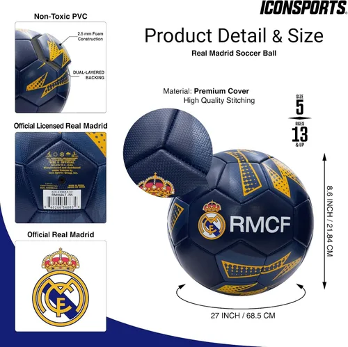 Vista 2 de Icon Sports Balón de fútbol del Real Madrid con licencia oficial de jugador, tamaño 5 (tela brillante), S grado 01