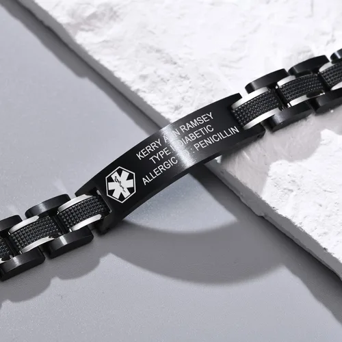 Vista 4 de MEALGUET Pulsera de identificación médica con grabado personalizado gratuito de 2 tonos, azul y negro, acero de titanio, pulsera de alerta médica