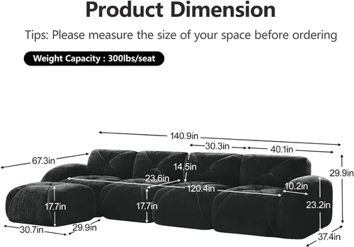 Vista 2 de Sofás modulares en forma de L de 140.9 pulgadas para sala de estar, moderno sofá sin hueso de terciopelo con 1 otomana, no requiere montaje, cómodo