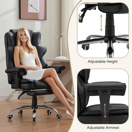 Vista 5 de Silla de oficina ergonómica con función de masaje con calefacción, silla de escritorio ejecutiva para computadora, asiento de masaje ajustable Negro